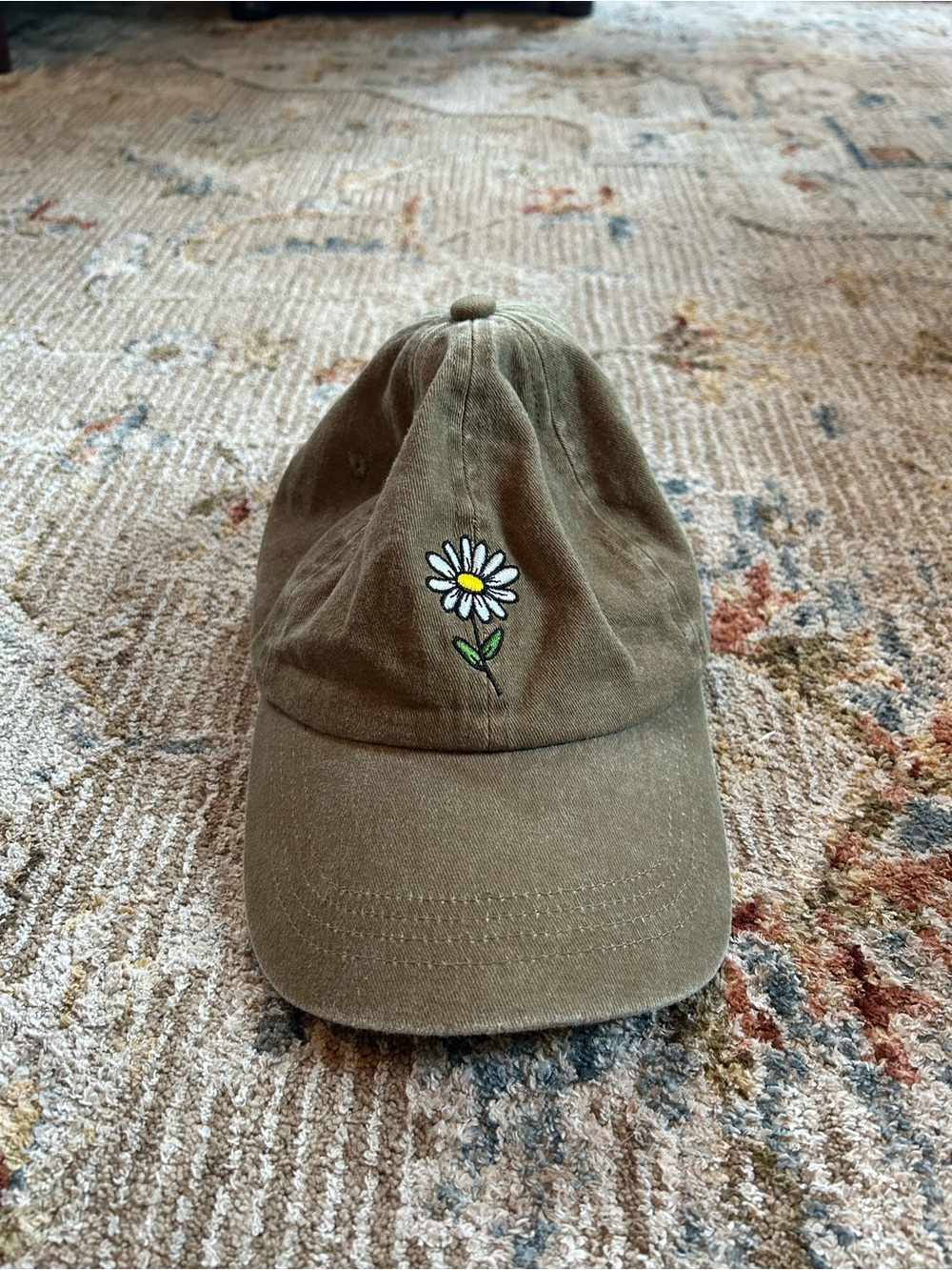 Olive Green Dad Hat with Embroidered Daisy